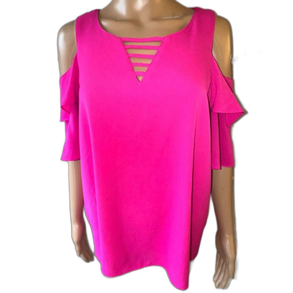 2/$20 Umgee Hot Pink Flutter Sleeve Cold Shoulder Blouse - Like New